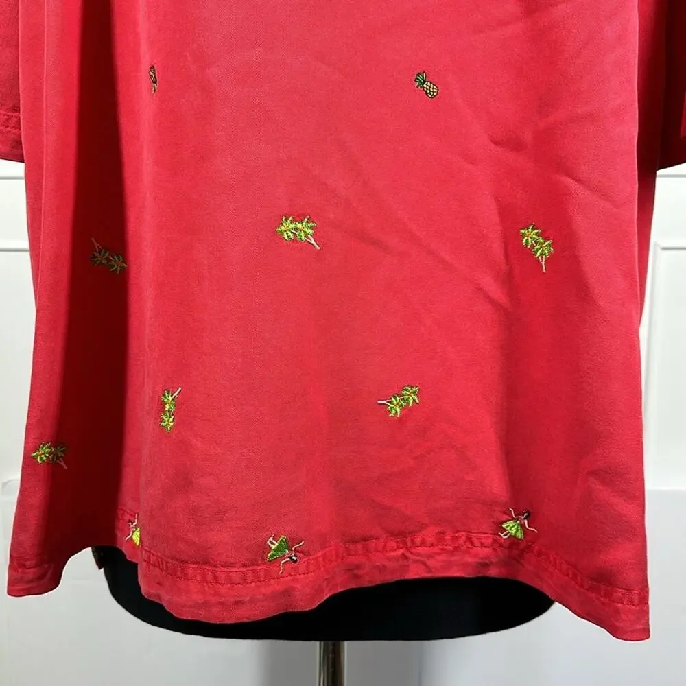 Amy K Su Embroidered Button Up Shirt Tropical Pineapples Hula Girls Red Size 2X
